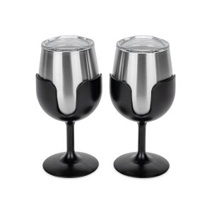 Camco Drinking Glass, Life Is Better at the Campsite ™, Wine Glass, 18/ 8 Grade Stainless Steel with Bpa Free Lid, With 2 Black Removable Stem – 53485