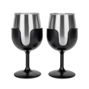 Camco Drinking Glass, Life Is Better at the Campsite ™, Wine Glass, 18/ 8 Grade Stainless Steel with Bpa Free Lid, With 2 Black Removable Stem – 53485