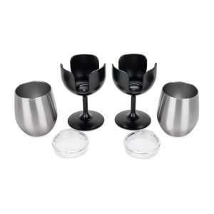 Camco Drinking Glass, Life Is Better at the Campsite ™, Wine Glass, 18/ 8 Grade Stainless Steel with Bpa Free Lid, With 2 Black Removable Stem – 53485