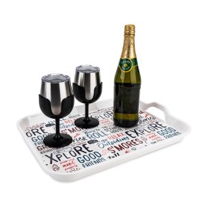 Camco Drinking Glass, Life Is Better at the Campsite ™, Wine Glass, 18/ 8 Grade Stainless Steel with Bpa Free Lid, With 2 Black Removable Stem – 53485