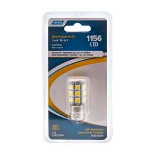 Camco Backup Light Bulb – LED, 1156, Replaces 1156 (BA15S)/ 1141/ 1073/ 93 Style Bulbs, 27-Diode/ 285 Lumen, 12 Volt, Bright White, Single – 54605