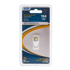 Camco Multi Purpose Light Bulb – LED, 194/ 906 T10 Wedge LED, Bright White, 5 LED/ 60 Lumen, Single – 54621