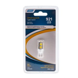 Camco Backup Light Bulb – LED, 921, Replaces 921 (T10 Wedge)/ 922/ 912 Style Bulbs, 9-Diode/ 95 Lumen, 12 Volt, Bright White, Single – 54623