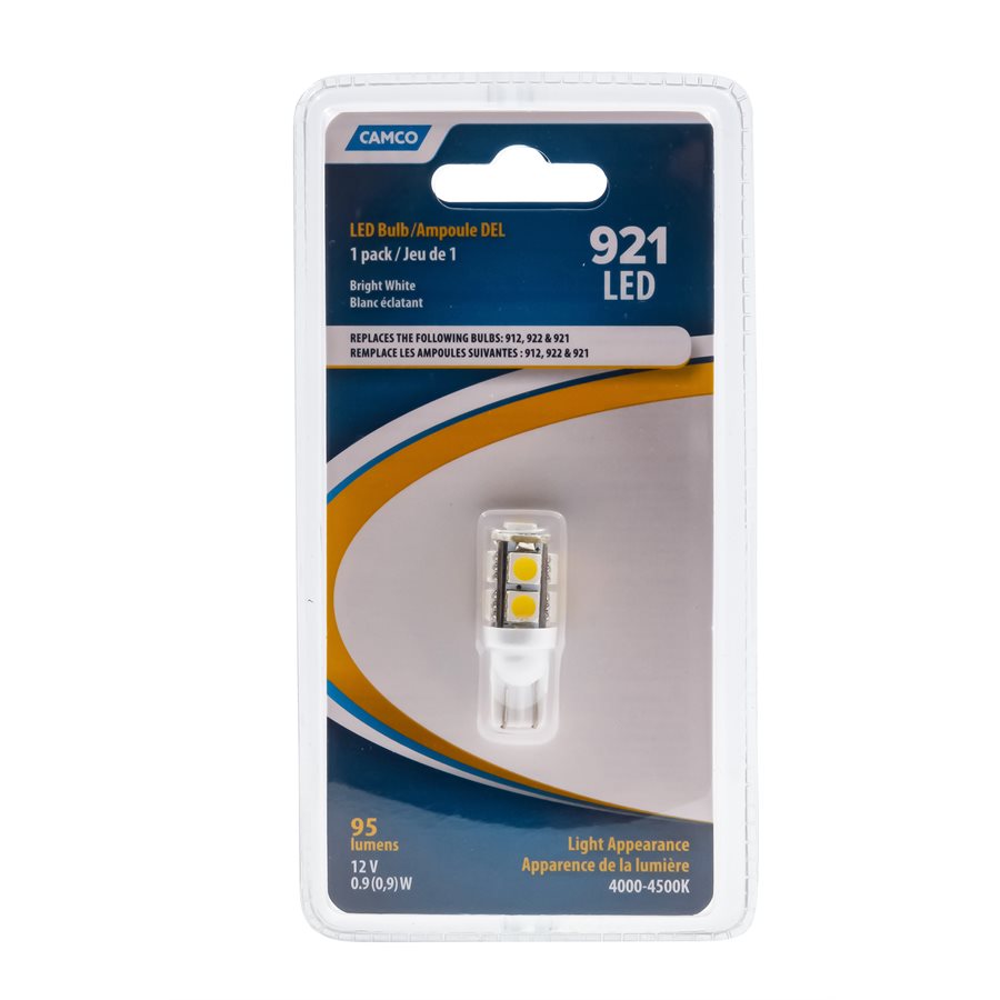 Camco Backup Light Bulb – LED, 921, Replaces 921 (T10 Wedge)/ 922/ 912 Style Bulbs, 9-Diode/ 95 Lumen, 12 Volt, Bright White, Single – 54623