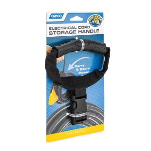 Camco Extension Cord Strap, Use to Secure Cord for Carrying or Storage, With Buckle Closure, Black, Nylon, With Handle – 55001