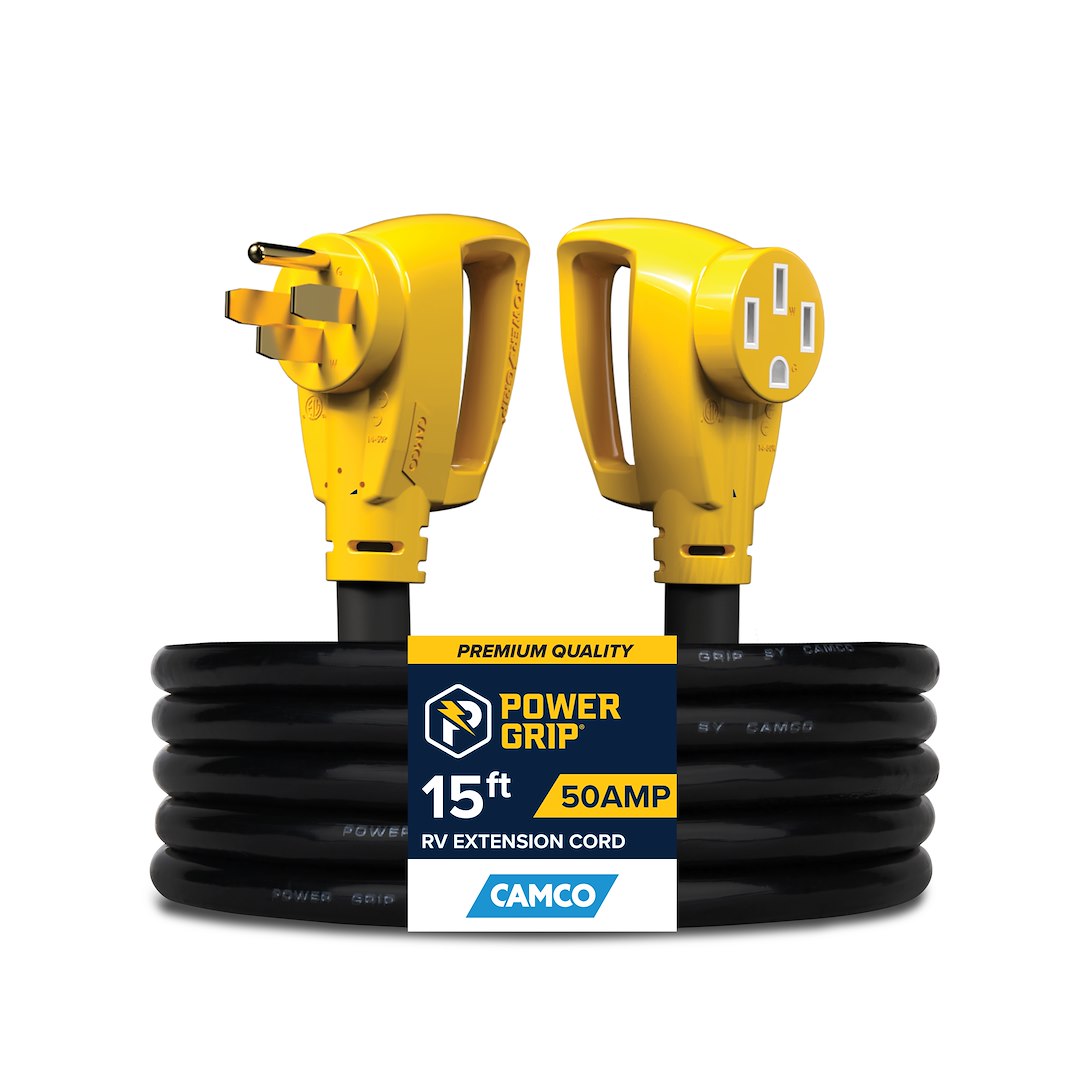 Camco Power Cord, Power Grip ™, Power Supply Cord, Stw – 14.50P/ 14.50R, 50 Amp, 6/8 Gauge Wire, 15 Foot Length, Black, With Plug Head Handle – 55194