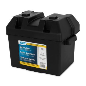 Camco Battery Box, Fits Group 24 Batteries, Includes Tie Down Strap/Securing Brackets/Hardware, Black, Polypropylene – 55362