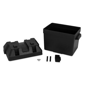 Camco Battery Box, Fits Group 24 Batteries, Includes Tie Down Strap/Securing Brackets/Hardware, Black, Polypropylene – 55362