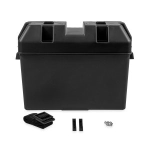 Camco Battery Box, Fits Group 27, 30 and 31 Batteries, Includes Tie Down Strap/Securing Brackets/Hardware, Black, Polypropylene – 55372