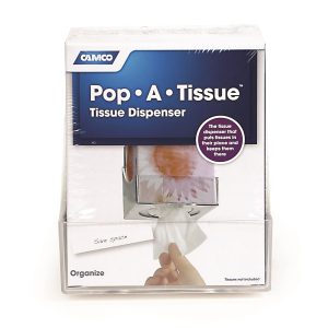 Camco Facial Tissue Holder, Pop-A-Tissue, Holds Most Boutique Size Tissue Brands, Under Cabinet Screw IN Mount, Clear, Plastic – 57101