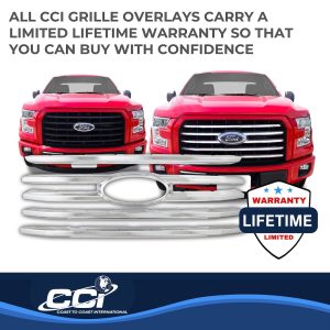 Coast to Coast Grille Insert, Overlay, Horizontal Bar Style, 4 Piece, With Emblem Cutout, Chrome Plated, ABS Plastic – IWCGI131