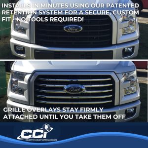 Coast to Coast Grille Insert, Overlay, Horizontal Bar Style, 4 Piece, With Emblem Cutout, Chrome Plated, ABS Plastic – IWCGI131