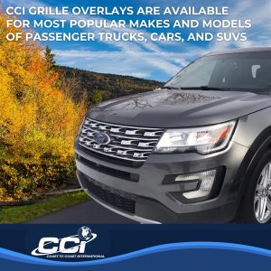 Coast to Coast Grille Insert, Overlay, Wide Oval Style, 4 Piece, With Emblem Cutout, Chrome Plated, ABS Plastic – IWCGI139