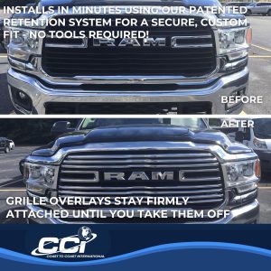 Coast to Coast Grille Insert, Overlay, 1 Piece, Bar Style, OEM Shape, Chrome Plated, ABS Plastic, Without Logo Cutout, Without Vents – GI170