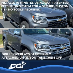Coast to Coast Grille Insert, Overlay, Bar Style, Without Logo Cutouts, Chrome Plated, ABS Plastic, Utilizes Built IN ABS Retention Clips – IWCGI171