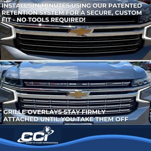 Coast to Coast Grille Insert, Overlay, 4 Piece Set, Bar Style, OEM Shape, Chrome Plated, ABS Plastic, Without Logo Cutout, Without Vents – GI178