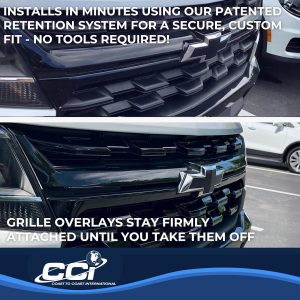 Coast to Coast Grille Insert, Overlay, Bar Style, 3 Piece, With Emblem Cutout, Painted, Gloss Black, ABS Plastic – GI181BLK