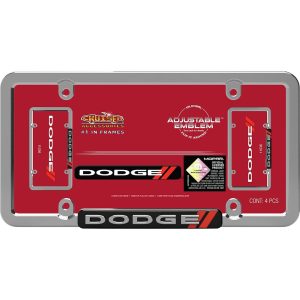 Cruiser License Plate Frame, Emblem, Black and Red Dodge Logo, Polished, Silver, Die Cast Zinc – 11036