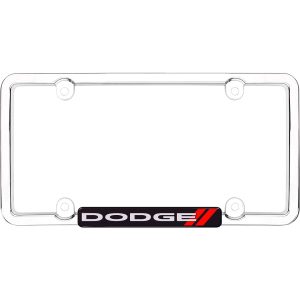 Cruiser License Plate Frame, Emblem, Black and Red Dodge Logo, Polished, Silver, Die Cast Zinc – 11036