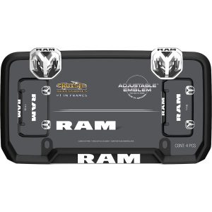 Cruiser License Plate Frame, Ram Logo, Powder Coated, Matte Black, Die Cast Metal, With Two Chrome Ram-Head Snap-On Fastener Covers – 11136