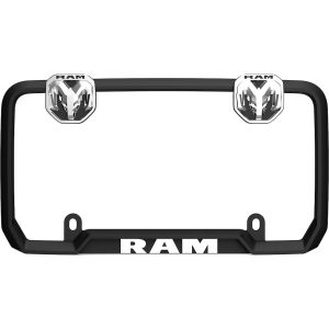Cruiser License Plate Frame, Ram Logo, Powder Coated, Matte Black, Die Cast Metal, With Two Chrome Ram-Head Snap-On Fastener Covers – 11136