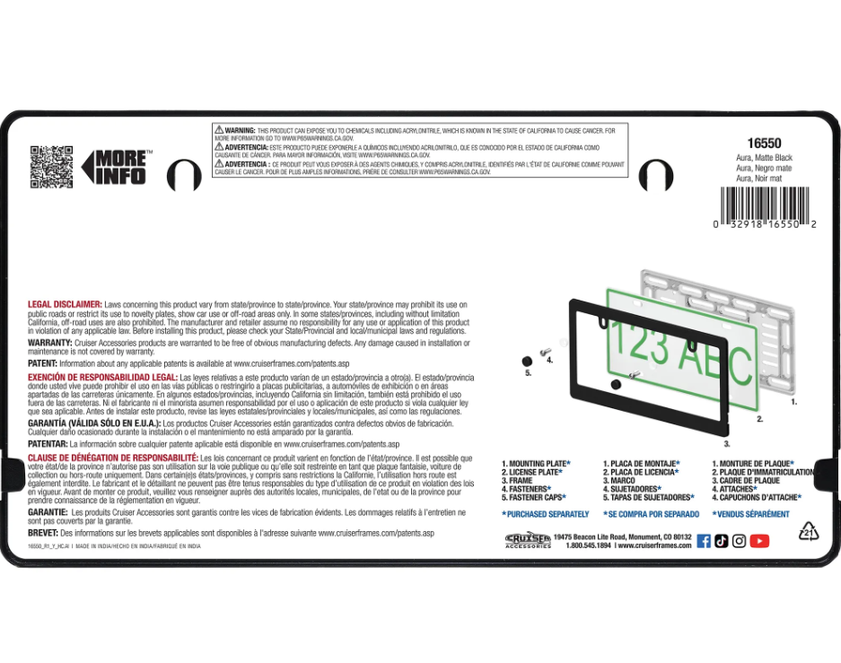 Cruiser License Plate Frame, Aura™, Plain Design, Powder Coated, Matte Black, Steel, Frame Only – 16550