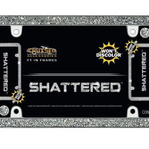 Cruiser License Plate Frame, Shattered Clear Glass Rhinestones Design, Chrome Plated, Die Cast Zinc, With Four Fastener Caps – 16630
