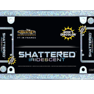Cruiser License Plate Frame, Shattered Iridescent Glass Rhinestones Design, Chrome Plated, Die Cast Zinc, With Four Fastener Caps – 16632