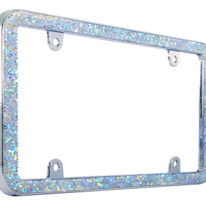 Cruiser License Plate Frame, Shattered Iridescent Glass Rhinestones Design, Chrome Plated, Die Cast Zinc, With Four Fastener Caps – 16632