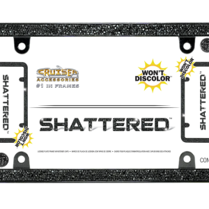 Cruiser License Plate Frame, Shattered Acrylic Rhinestones Design, Powder Coated, Gloss Black, Die Cast Zinc, With Four Fastener Caps – 16650