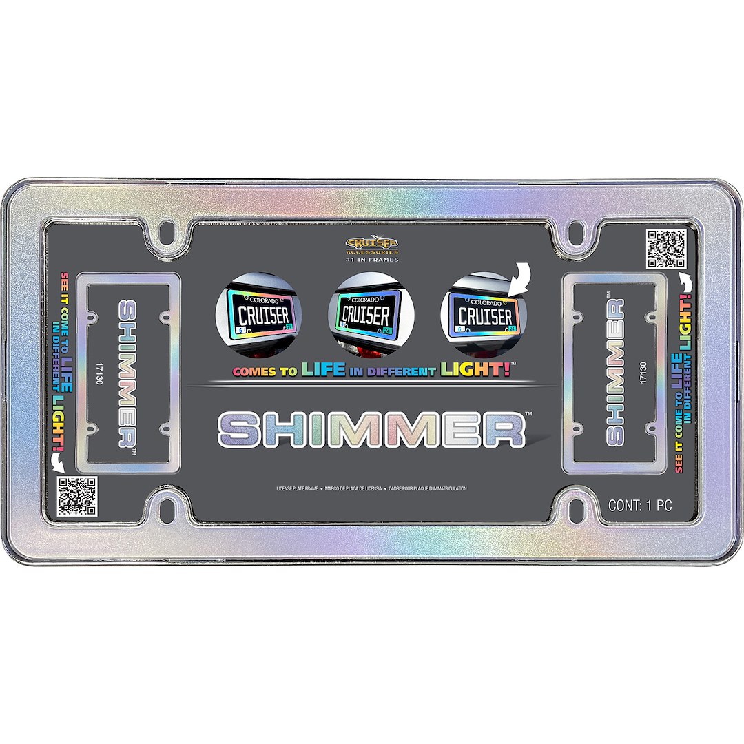 Cruiser License Plate Frame, Shimmer Iridescent Design, Chrome Plated, Die Cast Metal with Polycarbonate Inserts – 17130