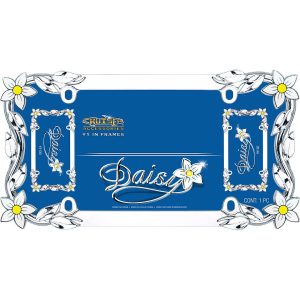 Cruiser License Plate Frame, Daisy Flower Painted Design, Chrome Plated, Die Cast Metal – 19130