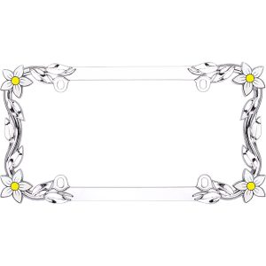 Cruiser License Plate Frame, Daisy Flower Painted Design, Chrome Plated, Die Cast Metal – 19130