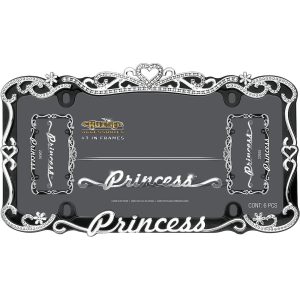 Cruiser License Plate Frame, Princess Lettering with Faceted Crystal Lined Tiara Design, Powder Coated, Chrome/ Black, Die Cast Metal – 22635