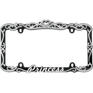 Cruiser License Plate Frame, Princess Lettering with Faceted Crystal Lined Tiara Design, Powder Coated, Chrome/ Black, Die Cast Metal – 22635