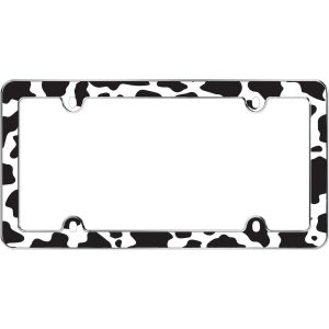 Cruiser License Plate Frame, Cow Print Design, Black and White, Die Cast Metal – 23430