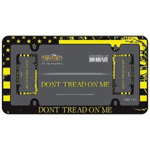 Cruiser License Plate Frame, USA Flag Design with Don’t Tread on Me Letter, Powder Coated, Matte Black, Die Cast Metal – 23750