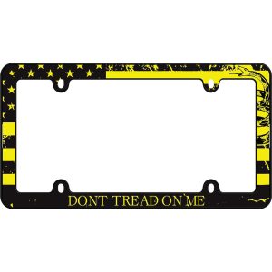 Cruiser License Plate Frame, USA Flag Design with Don’t Tread on Me Letter, Powder Coated, Matte Black, Die Cast Metal – 23750