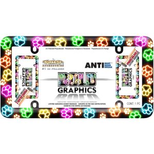 Cruiser License Plate Frame, Bold Graphics Paw Prints Design with Black Background, Polycarbonate – 23807