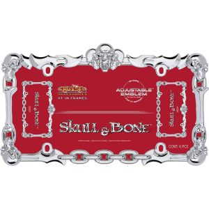 Cruiser License Plate Frame, Skulls/ Bones/ Daggers and Chains Design, Chrome Plated, Die Cast Metal Frame with Plastic Skull Emblem – 25231