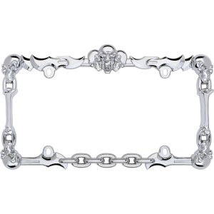 Cruiser License Plate Frame, Skulls/ Bones/ Daggers and Chains Design, Chrome Plated, Die Cast Metal Frame with Plastic Skull Emblem – 25231
