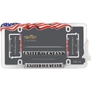 Cruiser License Plate Frame, United We Stand ™, American Flag, Chrome Plated, Die Cast Metal – 31030