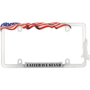 Cruiser License Plate Frame, United We Stand ™, American Flag, Chrome Plated, Die Cast Metal – 31030