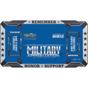Cruiser License Plate Frame, Military ™, Military Design with Stars and Stripes, Powder Coated, Black, Die Cast Metal – 31050