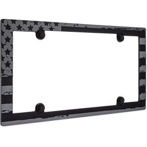 Cruiser License Plate Frame, American Flag, Powder Coated, Matte Black and Gray, Die Cast Metal, With Four Fastener Caps – 31250