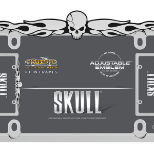 Cruiser License Plate Frame, Skull and Flame Design, Chrome Plated, Die Cast Metal Frame with ABS Plastic Emblem – 58530