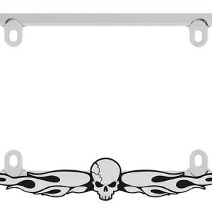 Cruiser License Plate Frame, Skull and Flame Design, Chrome Plated, Die Cast Metal Frame with ABS Plastic Emblem – 58530