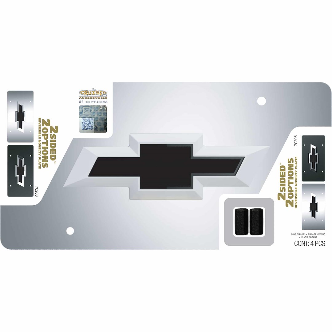 Cruiser License Plate, Novelty Plate, Two Sided Reversible, Chevy Bowtie Emblem, Polished, Silver/ Matte Black Background – 70206