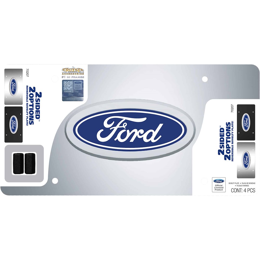 Cruiser License Plate, Novelty Plate, Two Sided Reversible, Ford Logo Emblem, Polished, Silver/ Matte Black Background – 70207