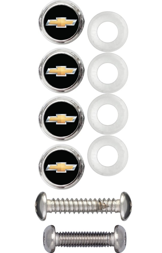 Cruiser License Plate Bolt Cover, Chrome Plated, Black Insert, ABS Plastic Cap with Resin Chevy Bowtie Logo Insert – 82801